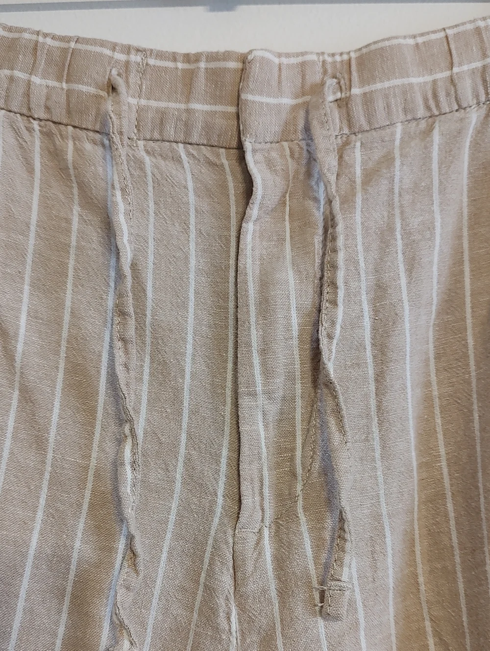H&M Beige Pinstripe Drawstring Linen-Blend Pants